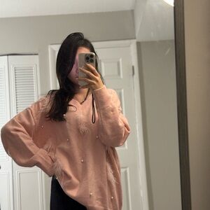 Pink Sweater with Feather and Pearl Accents